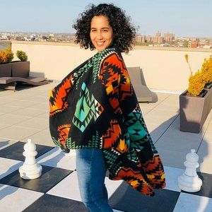 Zoofleece Black Orange Southwestern Aztec Tribal Indian American Women’s Poncho
